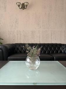 Relax Sarafovo في مدينة بورغاس: مزهرية زجاجية على طاولة في غرفة المعيشة