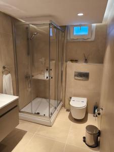 a bathroom with a shower and a toilet at Istanbul Park Hotel in Tuzla