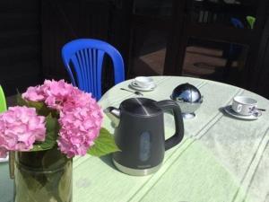 uma mesa com um vaso com flores cor-de-rosa em Appartement Vieux-Boucau-les-Bains, 2 pièces, 6 personnes - FR-1-379-16 em Vieux-Boucau-les-Bains
