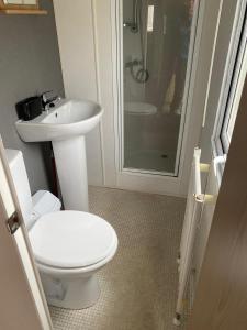 a bathroom with a toilet and a sink and a shower at Thistle 83 in Porthcawl