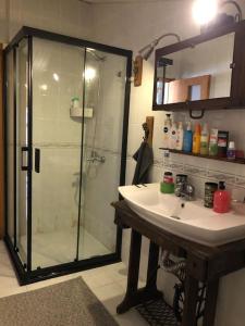 La salle de bains est pourvue d'une douche en verre et d'un lavabo. dans l'établissement old town yat limanı deniz yakını muhteşem EV, à Antalya