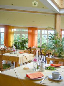 a dining room with tables and chairs and windows at Vital & Wellnesshotel Schuerger in Thurmansbang