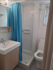 uma casa de banho com uma cortina de chuveiro azul e um WC. em Spitaki em Kavala