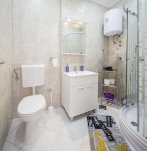 y baño con aseo, lavabo y ducha. en Apartment with private swimming pool, en Podstrana
