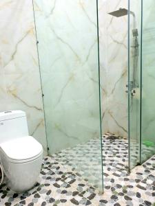 La salle de bains est pourvue de toilettes et d'une douche en verre. dans l'établissement Romantic house with garden in Bien Hoa, à Bùi Tiếng