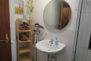 a bathroom with a sink and a mirror at Wohnen in Schellhorn in der Nähe des Lanker Sees in Schellhorn