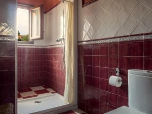 y baño con ducha de azulejos rojos y aseo. en Casa La Escuelina en Villanueva, en Villanueva