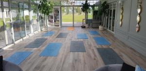 ein Flur mit blauen Yogamatten auf dem Boden in der Unterkunft Farma Bii in Brzeziny