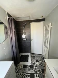 ein Bad mit einer Dusche und einem schwarz-weißen Boden in der Unterkunft Jolie maison de campagne, Compostelle in Soleymieux