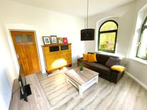 a living room with a couch and a fireplace at 59m² Ferienwohnung "Max" - direkt an der Erlebniswelt & Skiarena bis 4 Personen in Eibenstock