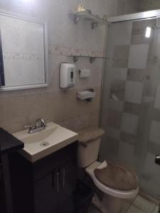 a bathroom with a toilet and a sink and a shower at Departamento jardín de los poetas in Guadalajara