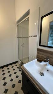 a bathroom with a sink and a shower at Chambre Pivoine au Domaine de l'Aven in Villeneuve-Minervois