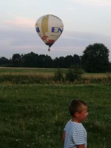 un jeune garçon debout dans un champ en regardant une montgolfière dans l'établissement Raj nad Narwią, à Zatory
