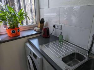 a kitchen with a sink and a washing machine at Lothian Center Apartment in Edinburgh