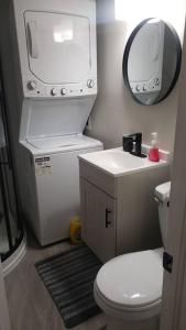 a bathroom with a toilet and a sink and a mirror at Cozy home on a quiet street minutes to DT Kingston in Kingston