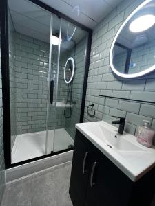 La salle de bains est pourvue d'un lavabo et d'une douche avec un miroir. dans l'établissement Sauchiehall Street Apartment, à Glasgow