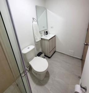 La salle de bains est pourvue de toilettes, d'un lavabo et d'un miroir. dans l'établissement Exclusive Private Brand New-Room, à Bogotá