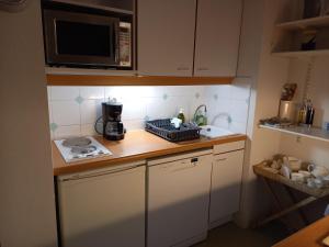een kleine keuken met een fornuis en een magnetron bij charmant appartement port de Dives sur mer in Dives-sur-Mer