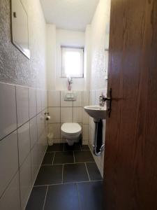 a bathroom with a toilet and a sink at 3 Zimmer Ferienwohnung mit eigenem Garten Trossingen in Trossingen