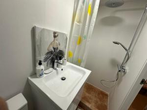 lavabo en el baño con una foto de una mujer en el espejo en Loft completo, en Sant Boi del Llobregat