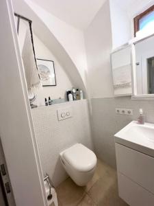 a white bathroom with a toilet and a sink at Gästehaus am historischen Hadersdorfer Hauptplatz in Hadersdorf am Kamp