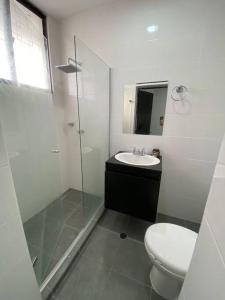 uma casa de banho com um WC, um lavatório e um chuveiro em Apartamento excelente ubicación em Barranquilla
