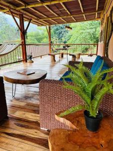 un porche con mesa, sillas y una planta en Cabaña Canto de las Aguas Cañón del Combeima, en Ibagué