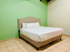 Cama grande en habitación con paredes verdes en Casa Primavera SPS en San Pedro Sula