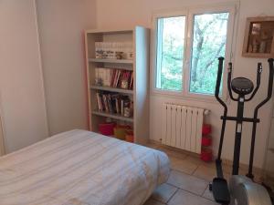 a bedroom with a bed and a book shelf with books at 19 chemin de la carraire in Cadolive