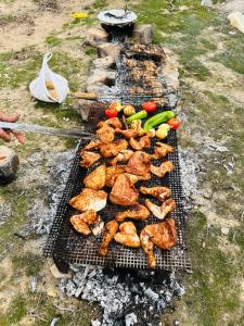 a grill with chicken and vegetables on it at Orion's wild camp in Dana