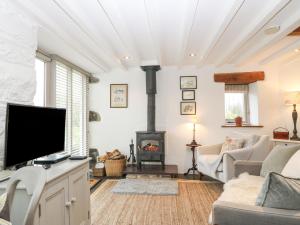 a living room with a flat screen tv and a fireplace at The Coach House in Pwllheli