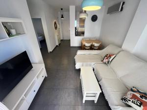 sala de estar con 2 sofás y TV de pantalla plana en Apartamentos Arenas Altamar, en Alcossebre
