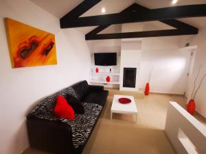 sala de estar con sofá negro y almohadas rojas en Alojamento M.A., en São Roque do Pico
