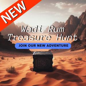a picture of a desert with the words wolf run treasure hunt at Star Walk Camp & Tours in Wadi Rum