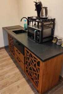 a kitchen counter with a microwave on top of it at Studio SPA Le Petit Clos in Chelles +15 photos