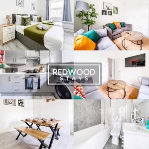 een collage van foto's van een slaapkamer en een woonkamer bij BRAND NEW, 2 Bed 1 Bath, Modern Town Center Apartment, FREE WiFi & Netflix By REDWOOD STAYS in Aldershot