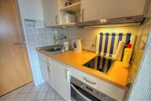 Il comprend une petite cuisine avec un évier et un comptoir. dans l'établissement Strandhotel, App 1SH308, à Heiligenhafen