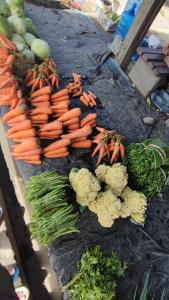 un montón de zanahorias y otras verduras en una mesa en Pintu Biru Hostel, en Wamena