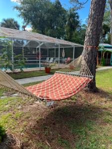 eine Hängematte, die von einem Baum vor einem Haus hängt in der Unterkunft Nature Coast Inn & Cottages in Inglis