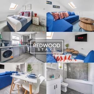 a collage of photos of a bedroom and a living room at BRAND NEW, 1 Bed 1 Bath, Modern Town Center Apartment, FREE WiFi & Netflix By REDWOOD STAYS in Aldershot