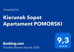 Ett certifikat, pris eller annat dokument som visas upp på Kierunek Sopot Apartament POMORSKI