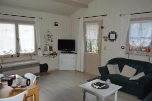 a living room with a couch and a tv at Le Chalet De Papitou in Hockai