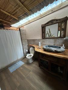 a bathroom with a sink and a toilet and a mirror at Cabaña Canto de las Aguas Cañón del Combeima in Ibagué
