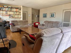 uma sala de estar com sofás e uma mesa de centro em Grande maison familiale au calme en ville em Saint-Brieuc