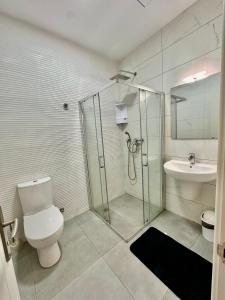 a bathroom with a shower and a toilet and a sink at Sea View Villa in Sliema +29 photos