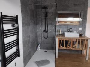 a bathroom with a shower and a sink at CHEZ COCO in Roquefort-de-Sault