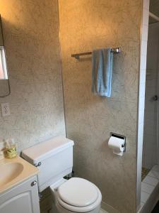 a bathroom with a white toilet and a sink at Canyon View Cutie in San Diego