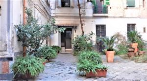 cortile con piante in vaso di fronte a un edificio di La Dimora delle Divinità a Napoli