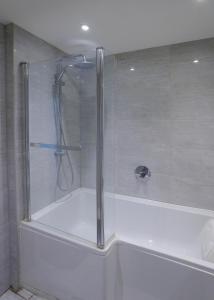 泰晤士河畔京士頓的住宿－Lovely Modern 1-Bed Flat in Kingston，浴室里设有玻璃门淋浴