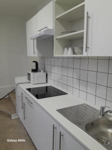 een witte keuken met een wastafel en een magnetron bij The Boulevard Apartment in Brussel